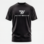 Black t-shirt with 'Secret Weapon' logo on a white background