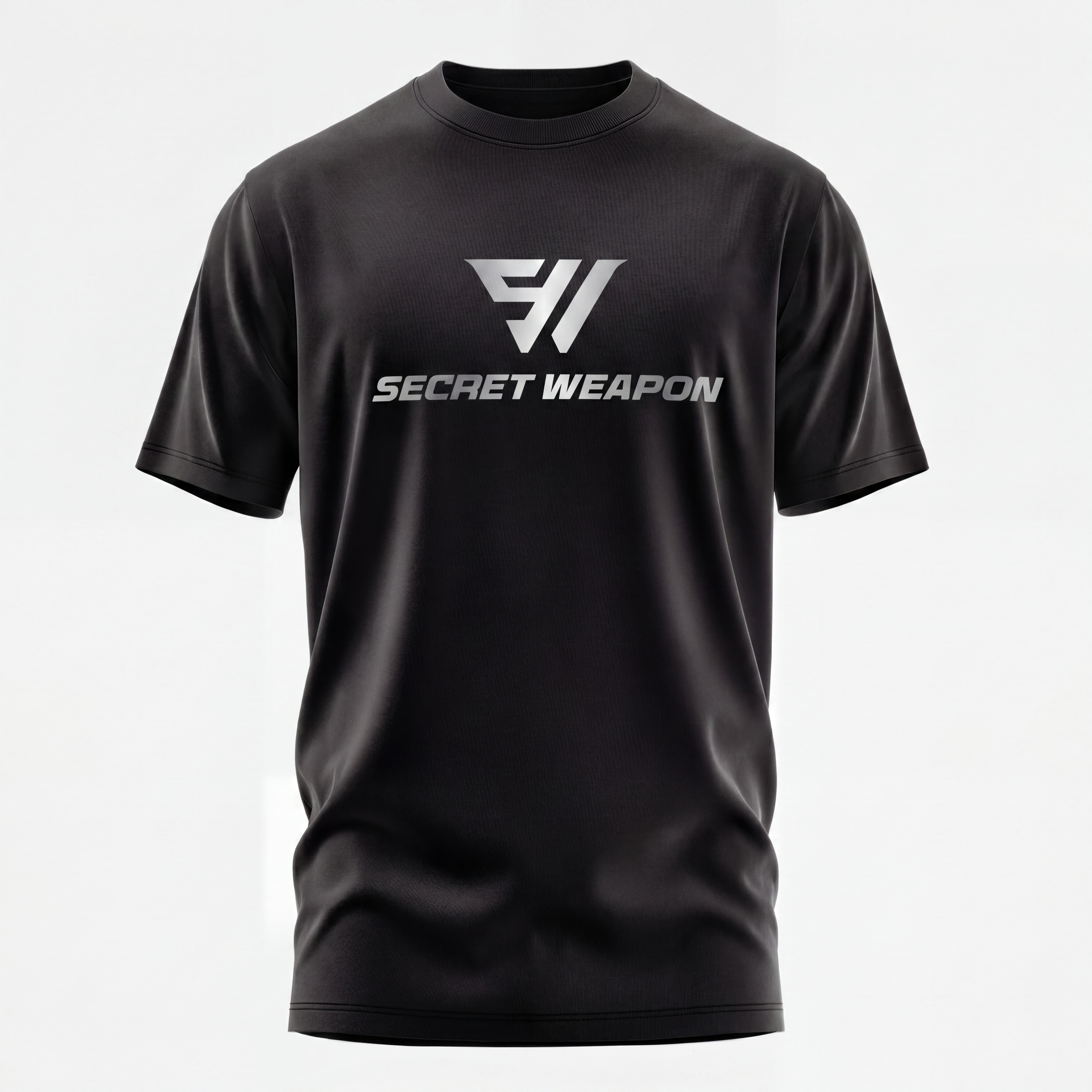 Black t-shirt with 'Secret Weapon' logo on a white background