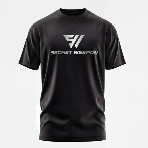 Black t-shirt with 'Secret Weapon' logo on a white background