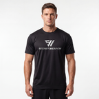 Man wearing a black t-shirt with 'Secret Weapon' logo on a white background