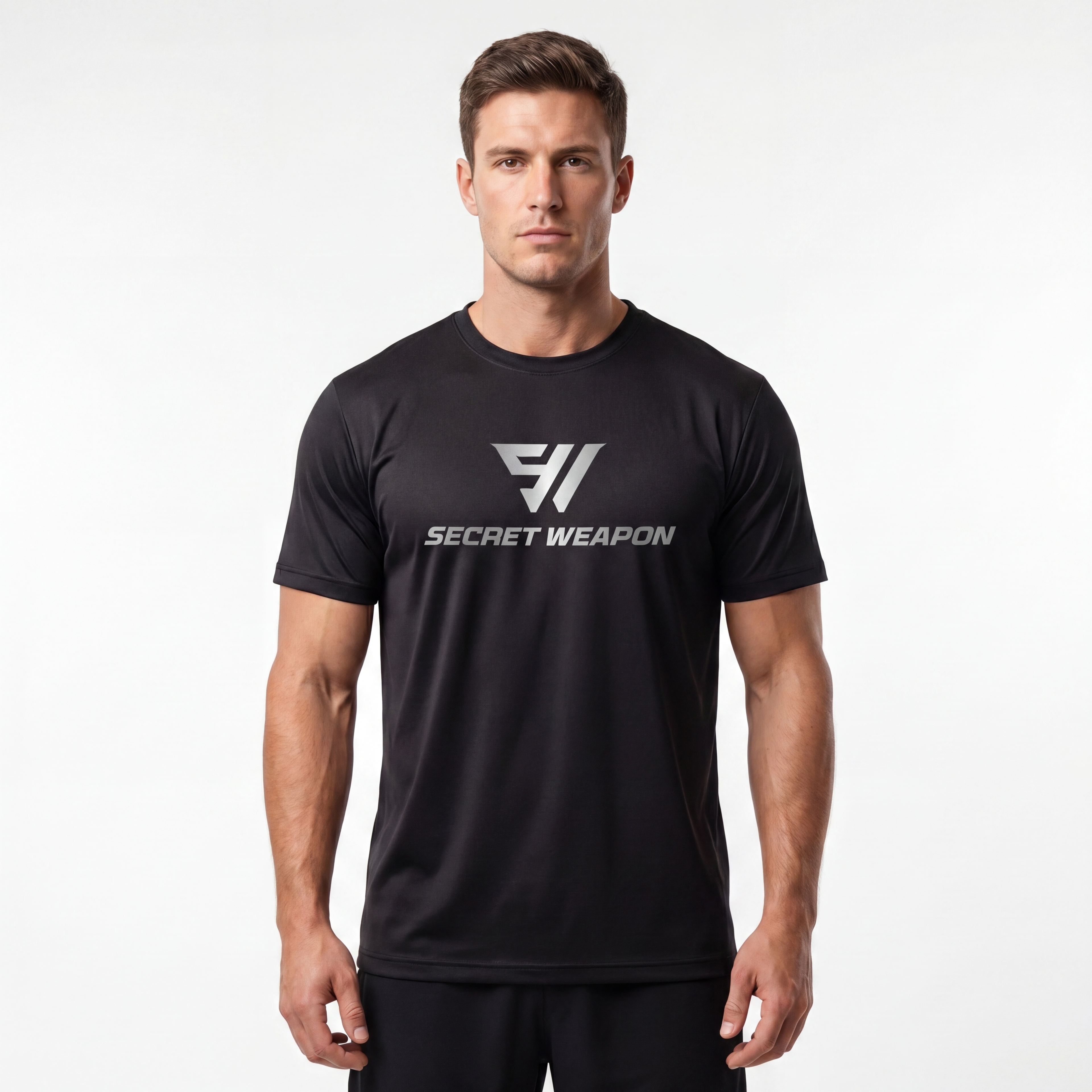 Man wearing a black t-shirt with 'Secret Weapon' logo on a white background