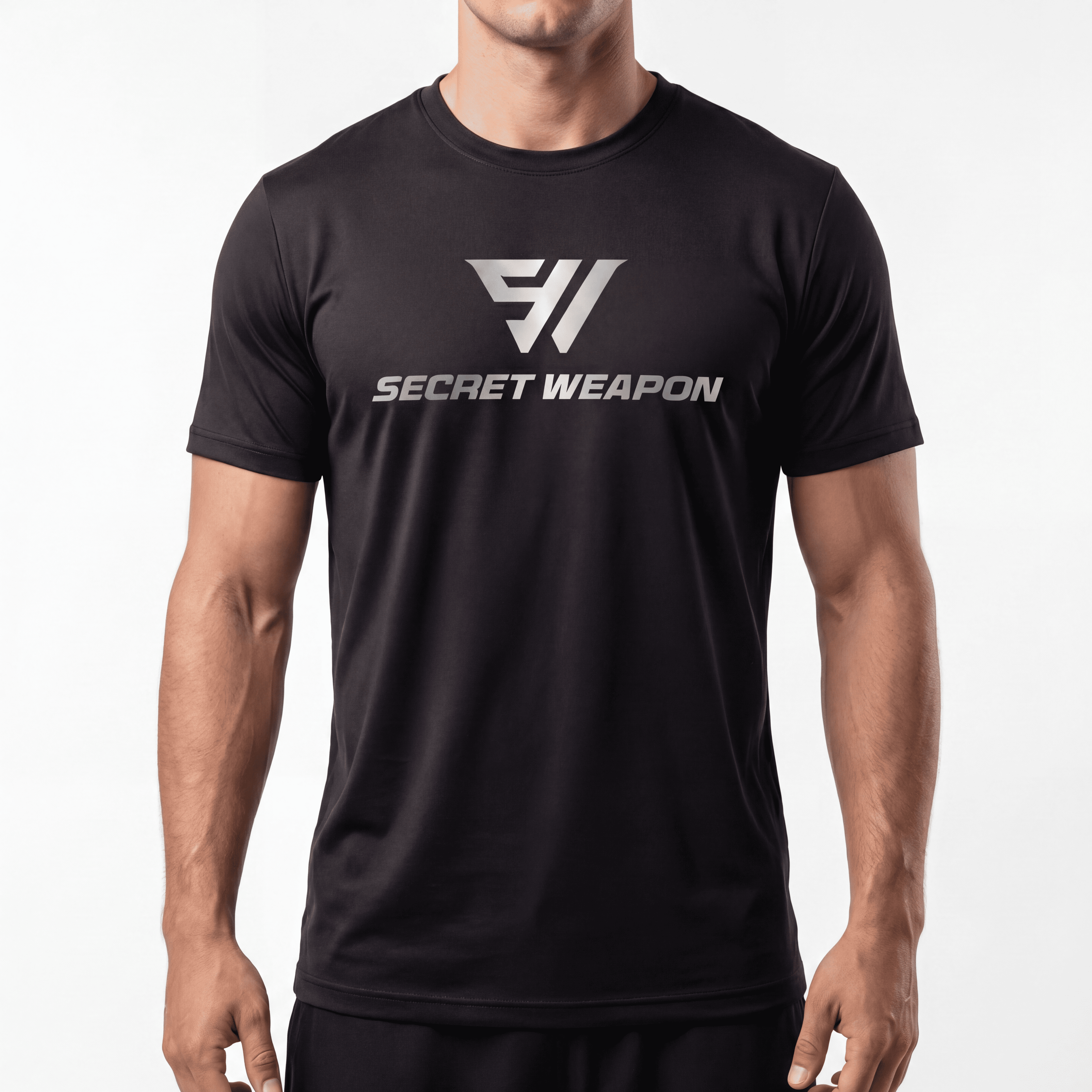 Person wearing a black t-shirt with 'Secret Weapon' logo on a white background